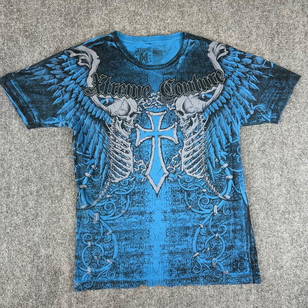 Xtreme Couture Mens T-Shirt Blue Skulls Cross Angel Wings MMA Graphic Large